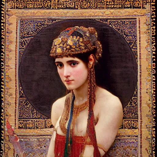 Prompt: orientalist portrait of a woman wearing an ornate mesopotamian headdress standing in front of tapestry carpet intricate artwork by john william waterhouse and Edwin Longsden Long and Theodore Ralli and Henryk Siemiradzki. trending on artstation, very coherent symmetrical artwork high detail 8k