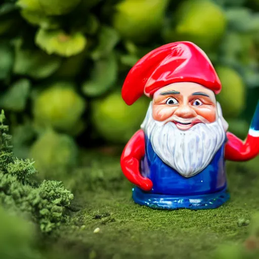 Image similar to A high-quality photo of Sajid Javid as a mean garden ((gnome)), glazed, glossy, m.zuiko 75mm, f 1.8, 1/400, RAW, unedited, 8K, high quality,