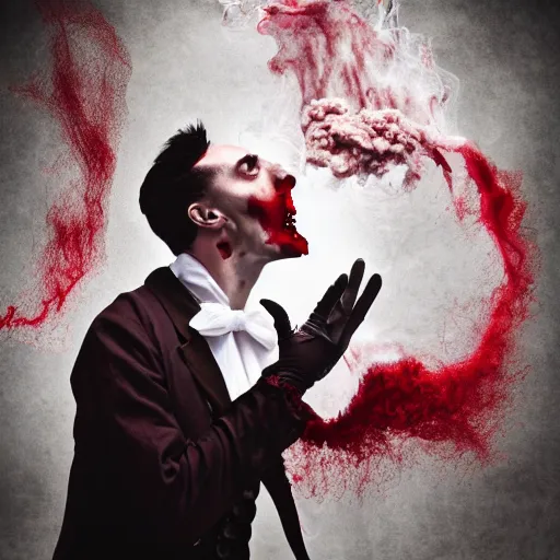 Image similar to dracula exhaling a huge smoke cloud of blood, award winning conceptual photography