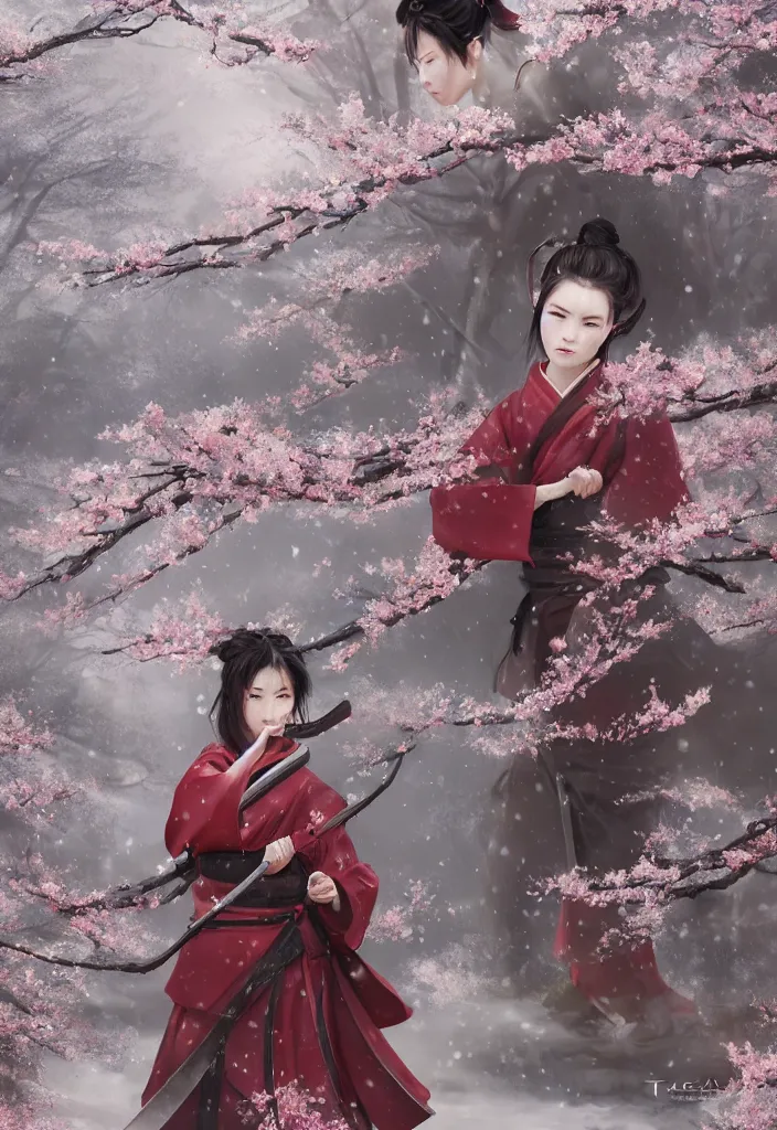 Image similar to detailed matte painting of girl samurai in hakama with swords and rifles, in snow forest sakura cherry blossom, taisho roman, by wlop and krenz kushart, elite, elegant, luxury, perfect face, fine details