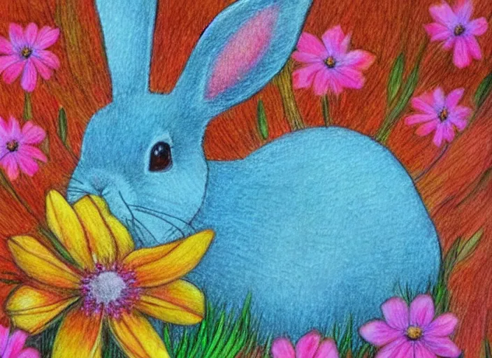 Image similar to rabbit, flowers, serene, happy, artwork, colored pencil, detailed, stylized