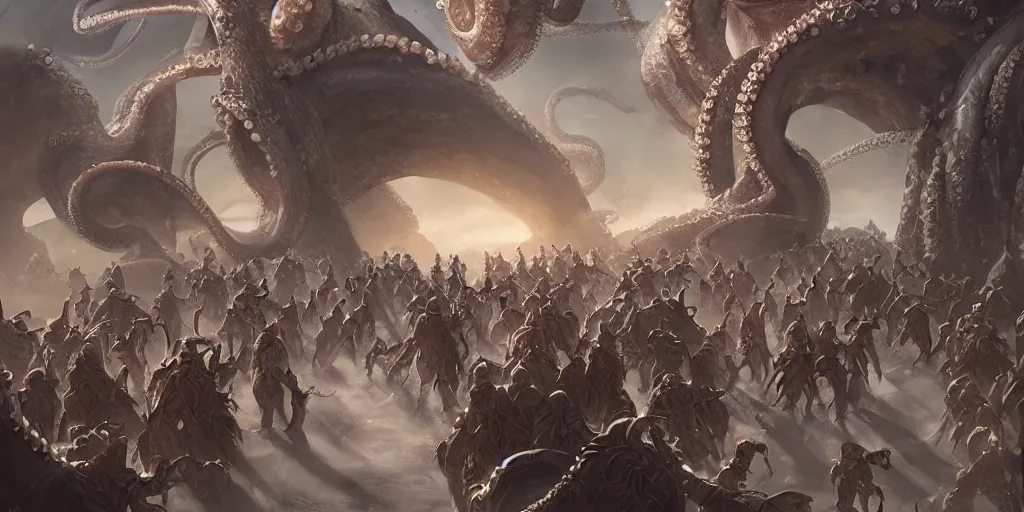 Image similar to marching army of octopus mages through ancient lands, intricate details, detailed face, detailed armour, artstation, epic scenery, ambient light, cinematic, digital painting by marco bucci