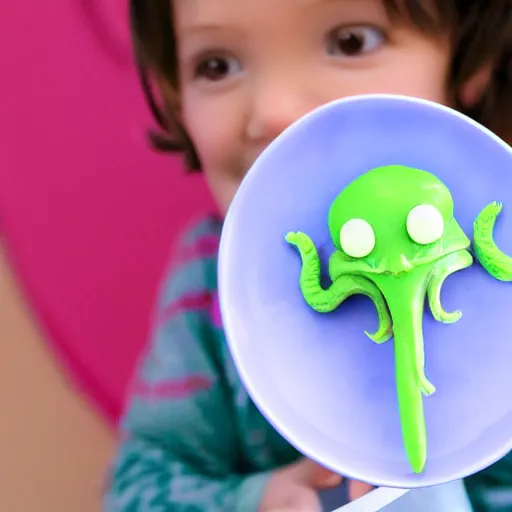 Prompt: tiny Cthulhu with a spork threatening a child