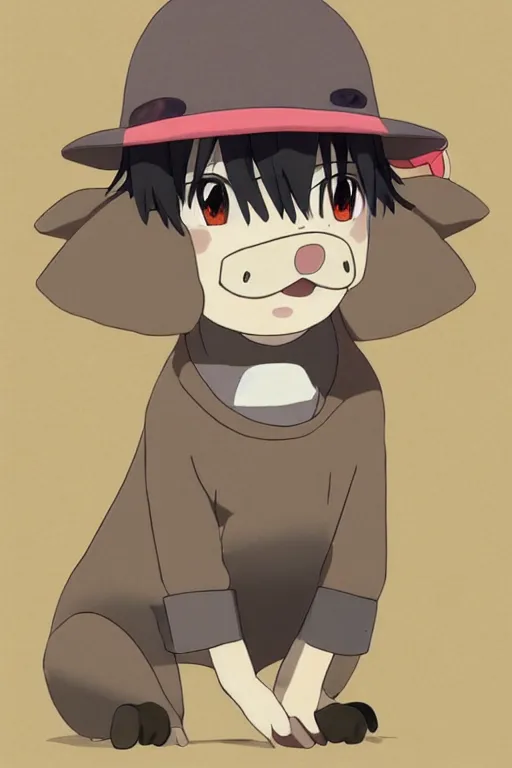 Image similar to adorable anime pig wearing a cute hat, young, clear clean face, Ilya kushinov, by Makoto Shinkai, Studio Ghibli, Miyazaki, Kyoto Animation, digital 2D, painterly style, gouache illustration, high contrast, cute, kawaii, chibi, golden ratio, rule of thirds