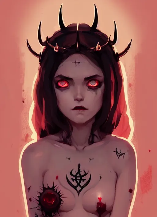 Image similar to cute succubus girl with crown of thorns and horns covered with runic tattoos, dark fantasy, by atey ghailan, by greg rutkowski, by greg tocchini, by james gilleard, by joe gb fenton, by in kaethe butcher, dynamic lighting, gradient light red, brown, blonde cream and white color in scheme, grunge aesthetic