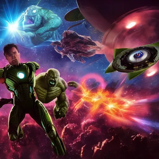 Prompt: the avengers battle one eldritch garfield in space, galaxy, hd, 8 k, explosions, gunfire, lasers, giant, epic, realistic photo, unreal engine, stars, prophecy, powerful, cinematic lighting, destroyed planet, debris, justice league, movie poster, violent, sinister, ray tracing, dynamic, print, epic composition, dark, lasagna, horrific