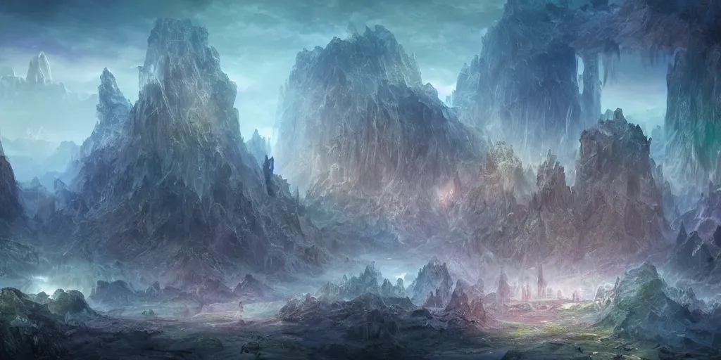 Prompt: Quartz crystal landscape, city of crystals inhabited by light beings, fantasy landscape concept, detailed matte painting