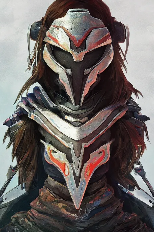 Image similar to combination suit armor aloy horizon forbidden west horizon zero dawn radiating a glowing aura global illumination ray tracing hdr fanart arstation by ian pesty and alena aenami artworks in 4 k tribal robot ninja mask helmet backpack