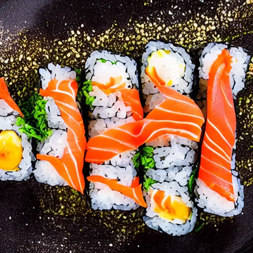 Prompt: toasted seaweed wrapped around sushi rice, filled with smoked salmon and free range eggs, 8 k resolution, food photography, studio lighting, sharp focus, hyper - detailed