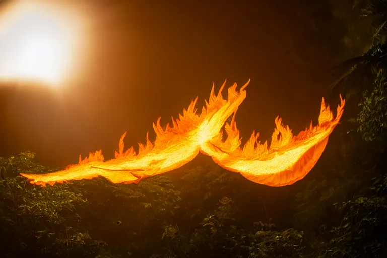 Image similar to photo of a burning phoenix origami fying over the rainforest, award-winning photograph, national geographic, wildlife, 8k UHD, lens flare