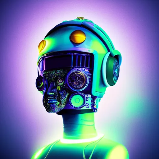 Prompt: a claymodel of an opalescent steampunk spaced out futuristic robot head wearing trippy brain sensors and headphones, 8 k, front shot, symetrical, flourescent colors, halluzinogenic, multicolored, insanely detailed, front shot, 3 d render, octane