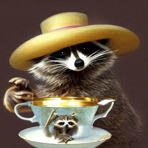 Image similar to a raccoon with a top hat holding a tea cup, intricate, highly detailed, digital painting, artstation, concept art, smooth, sharp focus, illustration, unreal engine 5, 8 k, art by artgerm and greg rutkowski and alphonse mucha