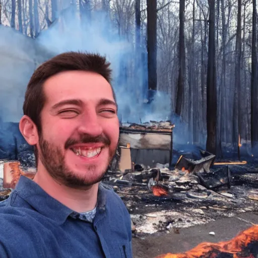 Image similar to a selfie of a guy smiling while fire consumes everything around him