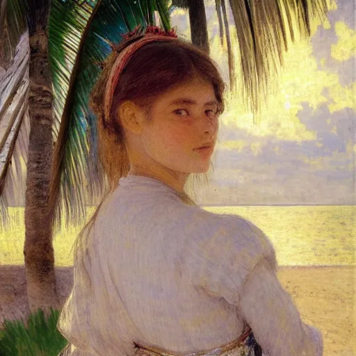 Image similar to a ultradetailed beautiful painting of a girl in the amazonas palace designed by jules bastien - lepage, hans belmer, frank weston and gustave baumann, beach, trending on artstation, mediterranean, palm trees, refracted color sparkles, sharp focus, soft light, 8 k 4 k