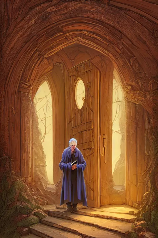 Image similar to an old wizard holding a book stands in front of an elaborate arched wooden door. stone steps lead up to the door. by mike allred and moebius and karol bak sharp digital painting. dreaming latent space. matte painting, concept art. artstation. digital render. realistic, 8 k