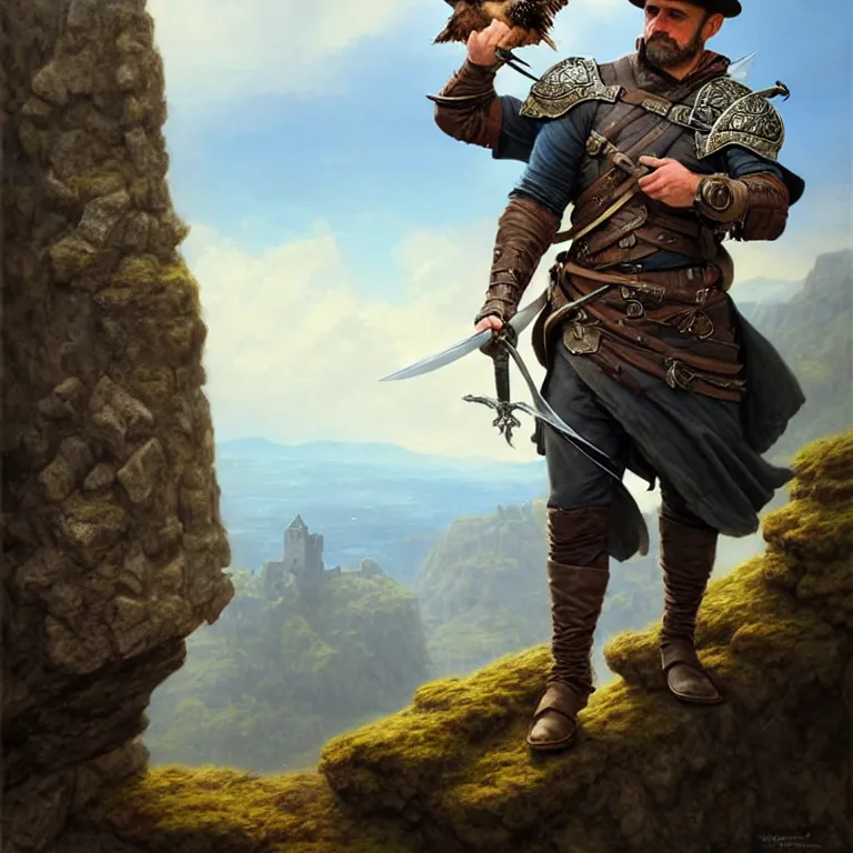 Image similar to middle age ranger with rugged expresions falcon pet on his sholder holding a long sword, top a cliff observing old ruins of a castle, elegant clothing, photorealistic render, matte patining, highly detailed, artstation, smooth, sharp focus, art by michael whelan, artgerm, greg rutkowski