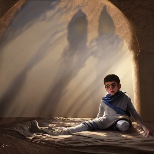 Image similar to Beautiful hyperrealistic detailed matte portrait painting of 12 year old middle eastern skinned boy with short hair and Biblical clothing sleeping. Interior of ancient tent. Nightime. Light rays shine onto his body. post processing, ultra detailed, trending on artstation