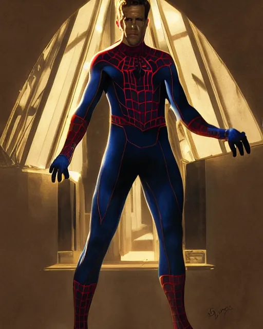 Image similar to ryan reynolds as a black and blue suit spider - man, cinematic, volumetric lighting, f 8 aperture, cinematic eastman 5 3 8 4 film, photorealistic by greg rutkowski, by stanley artgerm, by alphonse mucha