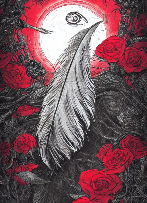 Prompt: portrait, A feather of crow with red eyes in front of the full big moon, book cover, red roses at the top, red white black colors, establishing shot, extremly high detail, foto realistic, cinematic lighting, pen and ink, intricate line drawings, by Yoshitaka Amano, Ruan Jia, Kentaro Miura, Artgerm, post processed, concept art, artstation, matte painting, style by eddie mendoza, raphael lacoste, alex ross