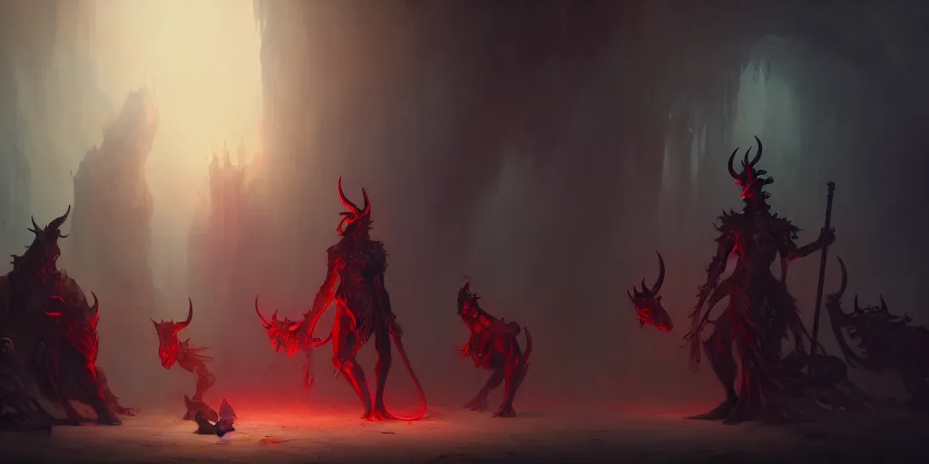 Image similar to the devil and his servants standing in hell where they torture other species, extremely detailed digital painting, in the style of fenghua zhong and ruan jia and jeremy lipking and peter mohrbacher, mystical colors, rim light, beautiful lighting, 8 k, stunning scene, raytracing, octane, trending on artstation