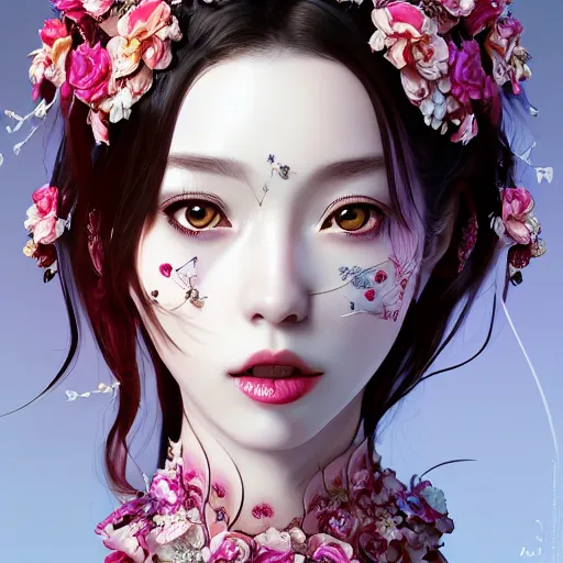 Prompt: the portrait of the absurdly beautiful, graceful, elegant, gorgeous, fashionable photorealistic anime woman made of cherries and white petals with tears, an ultrafine hyperdetailed illustration by kim jung gi, irakli nadar, intricate linework, bright colors, octopath traveler, final fantasy, unreal engine highly rendered, global illumination, radiant light, detailed and intricate environment