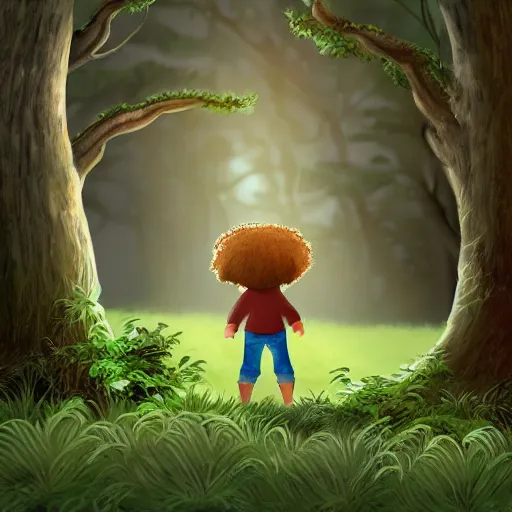 Image similar to a small small boy peeking behind a tree in a forest. The boy is watching two other boys with dreadlocks hair who are hiking, digital art, extra-detailed