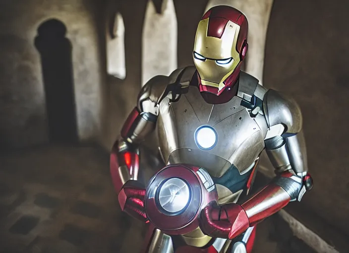 Prompt: a reflective steel engineering mask of ironman at in a table, medieval themed castle in golden afternoon light, professional photography