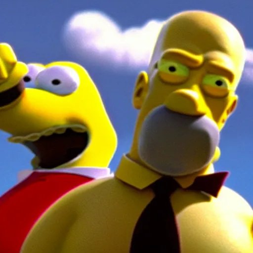 Prompt: a still from a film, Homer Simpson played by Nicolas Cage