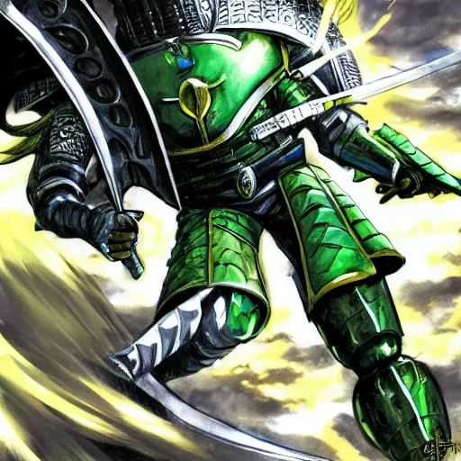 Image similar to knight in green car, blue armor, gold sword, dragon attack, low angle, action, manga panel, ONE, Murata, Berserk