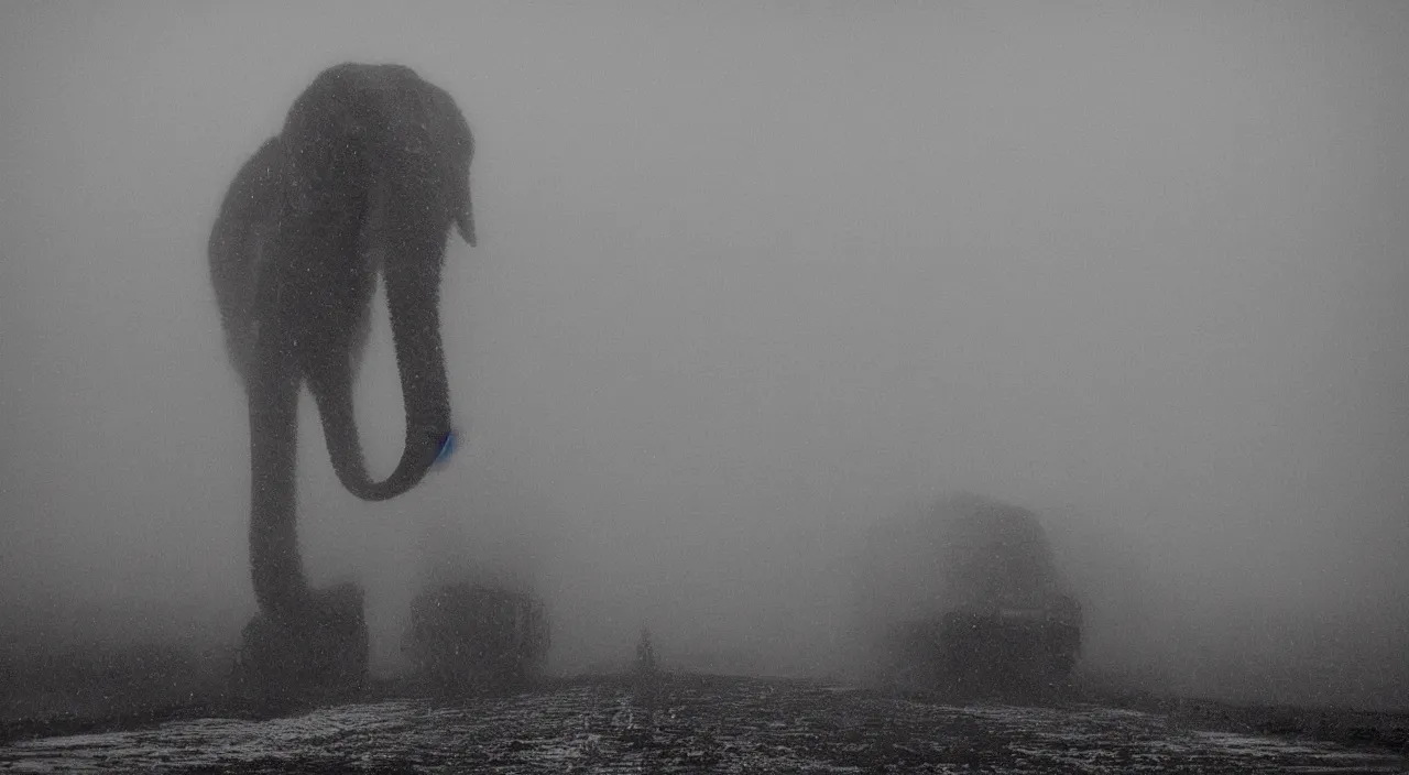 Prompt: “photo of one biomechanical mammoth in an arctic storm with fog and blizzard, the mammoth drags old coal wagons with snow, it's a sunset photo with cold tones, some people around ”