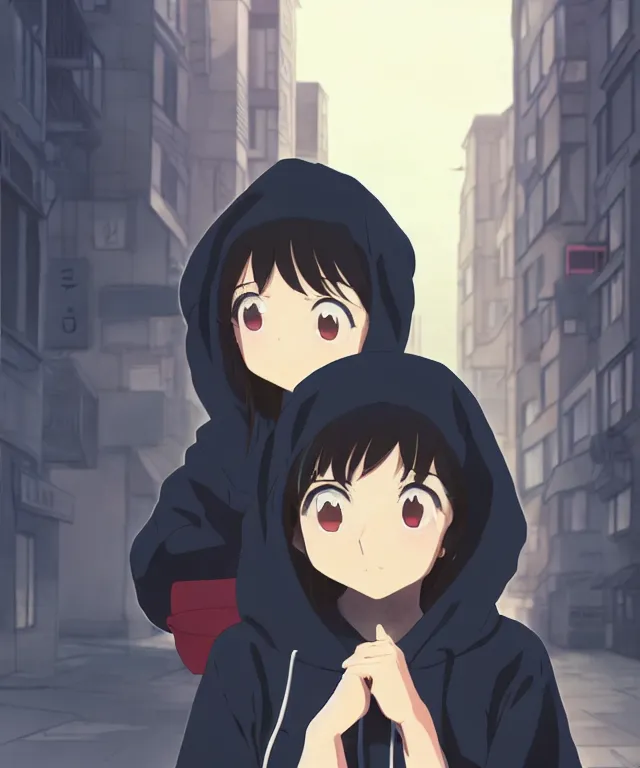 Image similar to anime visual, portrait of a young black haired girl wearing hoodie on the city street background, one person, cute face by yoh yoshinari, katsura masakazu, studio lighting, half body shot, strong silhouette, anime cels, ilya kuvshinov, cel shaded, crisp and sharp, rounded eyes, bright