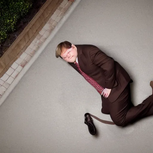 Image similar to Andy Richter is wearing a chocolate brown suit and necktie. Andy is lying flat on a concrete ground looking at camera. Ariel view.
