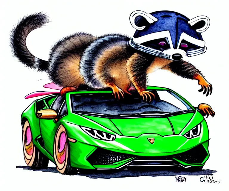 Image similar to cute and funny, racoon wearing a helmet riding in a tiny 2 0 2 0 lamborghini huracan sto, ratfink style by ed roth, centered award winning watercolor pen illustration, isometric illustration by chihiro iwasaki, edited by range murata