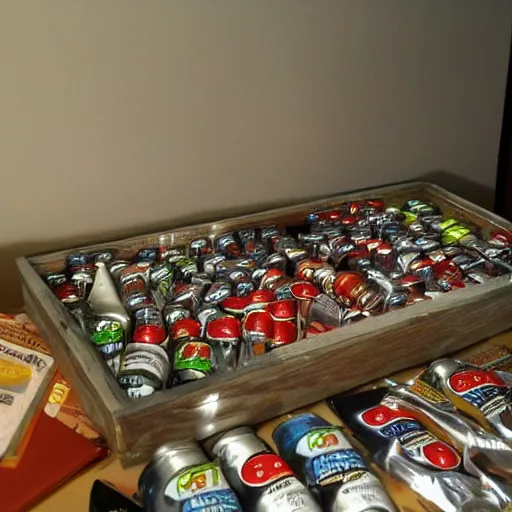 Prompt: a table full of energy drinks ash trays cigarette buds and cd's in a smokey room