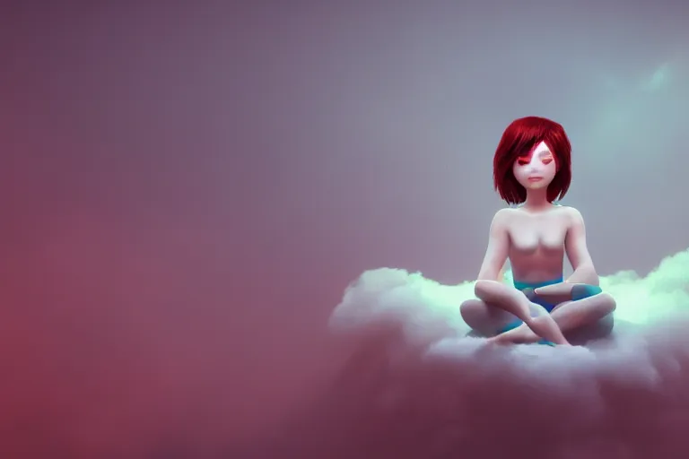 Image similar to a cute alien girl sitting on a cloud relaxing, misty, glows, digital art, hazy, foggy, red lighting, ambient lighting, 8 k,