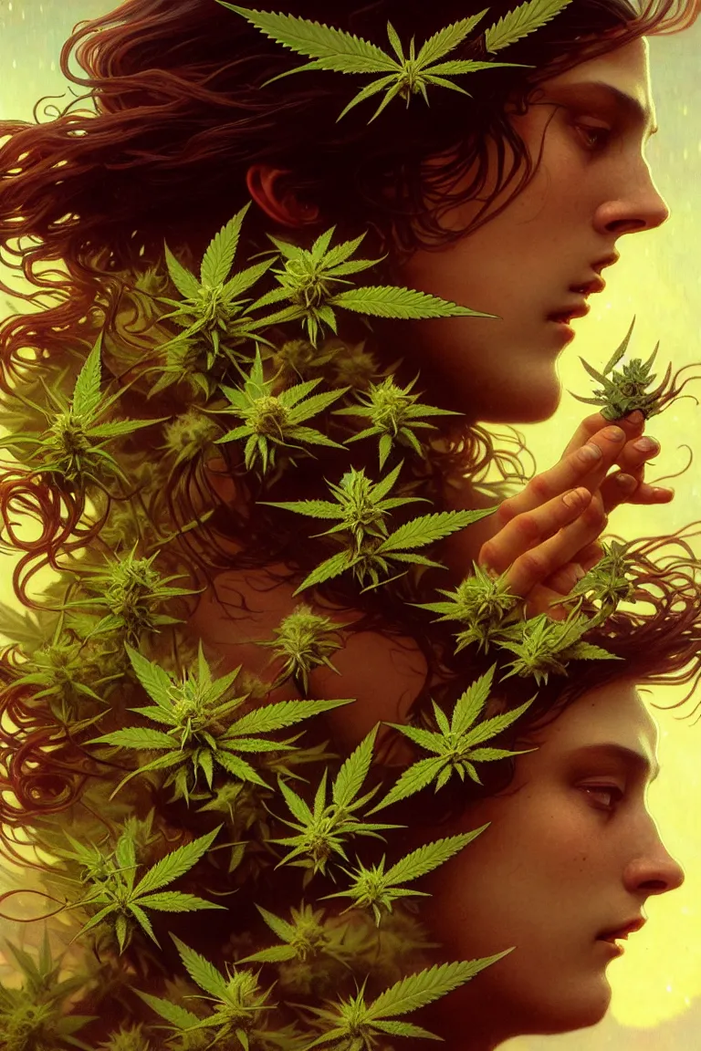 Prompt: epic scale cinematic character concept cinematic 4 k perfect focus closeup macro photography of a marijuana bud showing crystals and trichomes, densely packed buds of weed, high times photography by greg rutkowski alphonse mucha alex grey hr giger artgerm cgsociety artstation by greg rutkowski alphonse mucha android jones max chroma