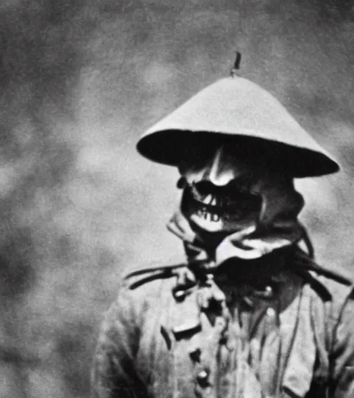 Image similar to a soldier wearing a scarecrow mask in distance, ww1 film photo, grainy, high detail, high resolution