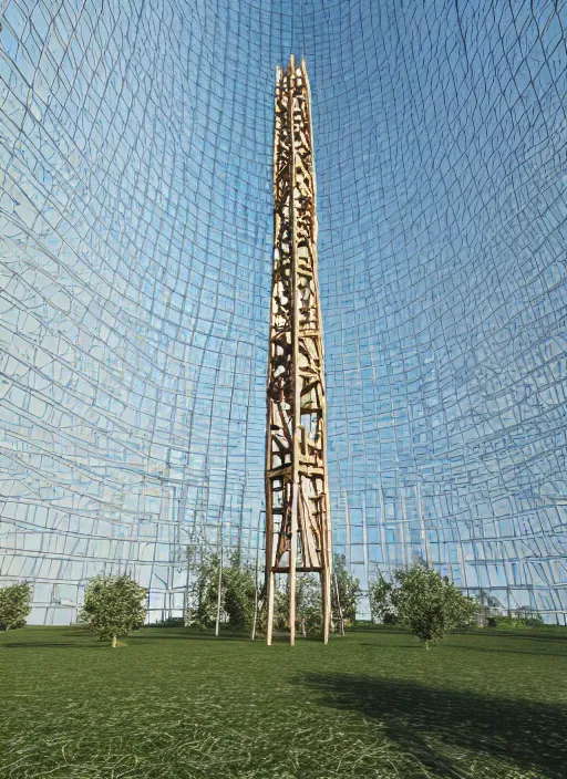 Image similar to highly detailed realistic architecture 3 d render of a stele shukhov tower standing in a city park, archdaily, made in unreal engine 4 octane render