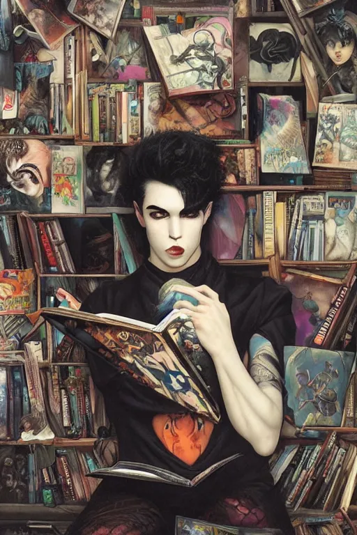 Prompt: goth guy reading a book in a cluttered messy 9 0 s bedroom, artgerm, tom bagshaw, gerald brom, vaporwave, vaporwave colors, 9 0 s, 9 0 s aesthetic, perfect face, detailed face, symmetrical face,