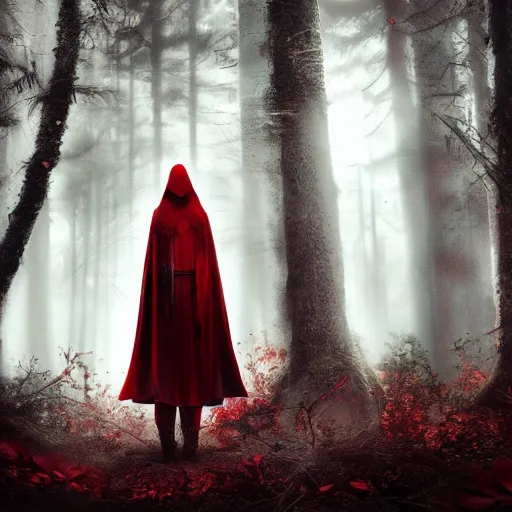 Prompt: cinematic, fierce red riding hood warrior standing in a dark forest holding a sword in the air, dark, 4k, artstation, highly rendered, octane render, beautiful, inspired by Peter Morhbacher, high resolution