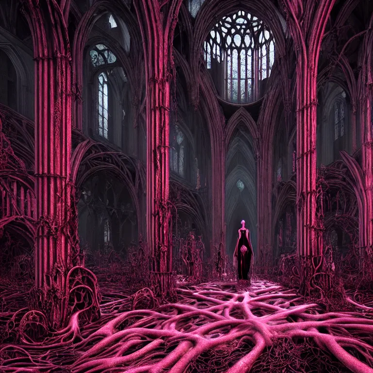 Prompt: ribbed abandoned gothic cathedral on exoplanet, covered with tentacles, roots, wires, tubes, pink neon lights, baroque painting, standing in a desolate empty wasteland, creepy, nightmare, dream-like heavy atmosphere, surreal abandoned buildings, beautiful detailed intricate insanely detailed octane render trending on Artstation, 8K artistic photography, photorealistic, volumetric cinematic light, chiaroscuro, Raphael, Caravaggio, Beksinski, Giger