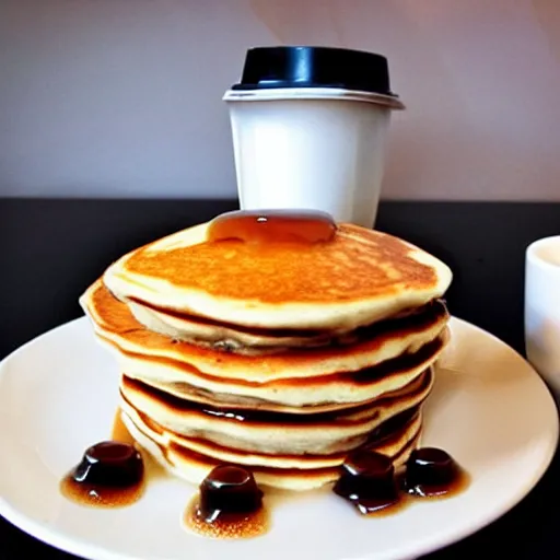 Image similar to fluffy pancakes, coffee in the style of bansky