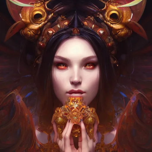 Image similar to perfectly - centered portrait of demon goddess, beautiful, gorgeous, highly detailed, professional digital painting, unreal engine 5, photorealism, hd quality, 8 k resolution, cinema 4 d, 3 d, cinematic, art by artgerm and greg rutkowski and alphonse mucha and loish and wlop