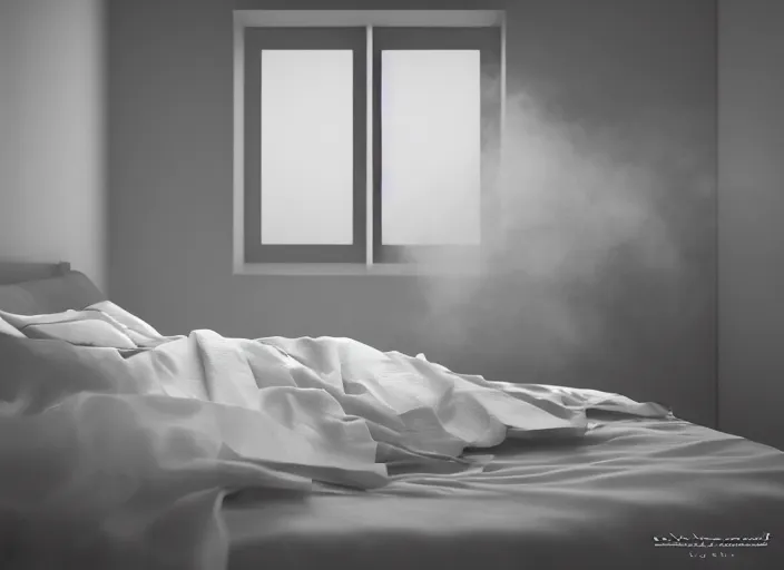 Image similar to photography of a Jack Russel watching outside the window on a bed in a 3d rendered white room, octane render, 3d, foggy, volumetric light, volumetric fog, photorealistic, unreal engine 5