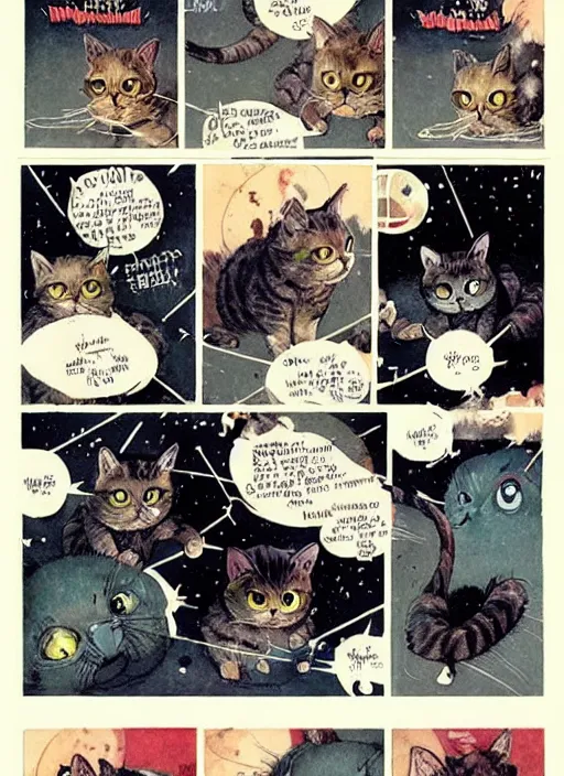 Image similar to a hyper realistic ink cat in a spaaceship 6 panel comic by chiara bautista and norman rockwell and greg rutkowski weta studio, and lucasfilm