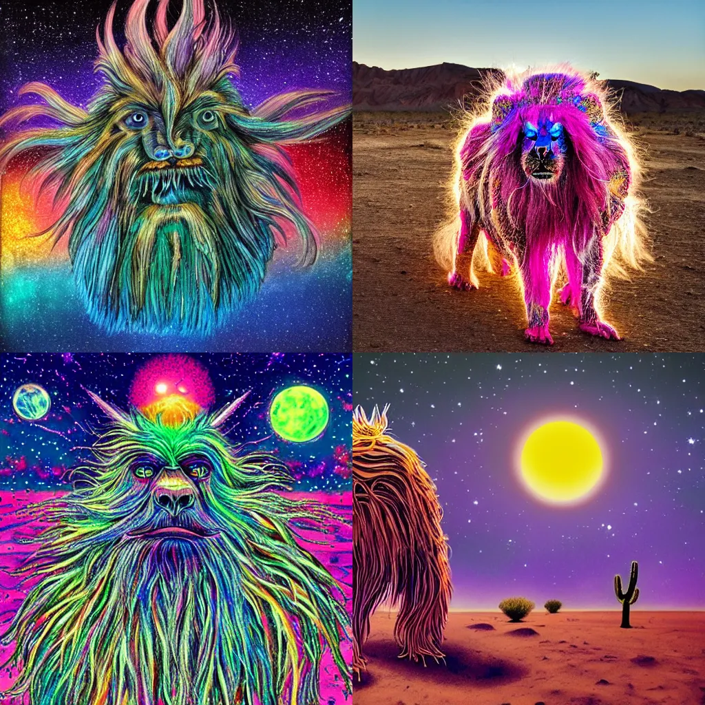 Prompt: psychedelic hairy beast in the desert glistening in the starlight