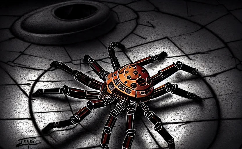 Image similar to mechanical spider in a sewer, ultra detailed digital art, fine drawing, hyper real, 4 k, moody lighting