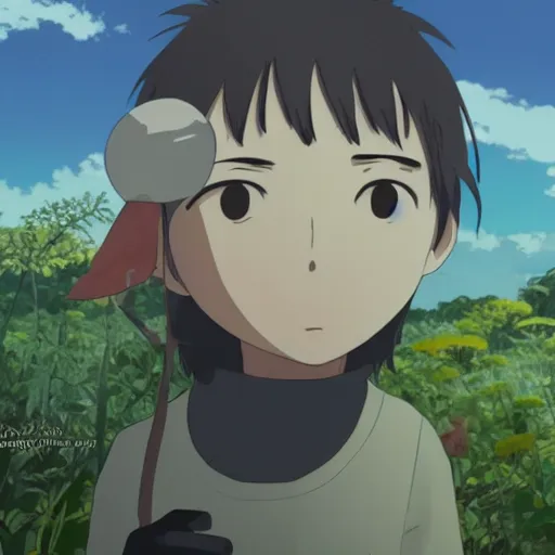 Prompt: friendly guy and small creature , with Fragile looking character portrait face made by Studio Ghibli highly detailed art, beautiful scene, sharp focus, smooth, 8k, anime art, wild, dark, fantasy, peaceful, sunshine, big eye, happy sunshine