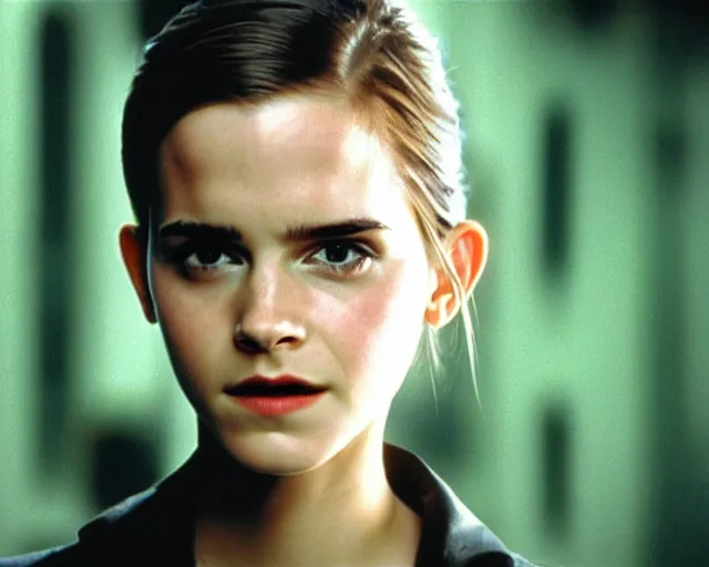 Prompt: a wide angle movie still from the matrix 1 9 9 9 showing emma watson, close - up face, shot on celluloid with panavision cameras, panavision lenses, 3 5 mm film negative width, anamorphic projection format, critically acclaimed, oscar winning practical effects