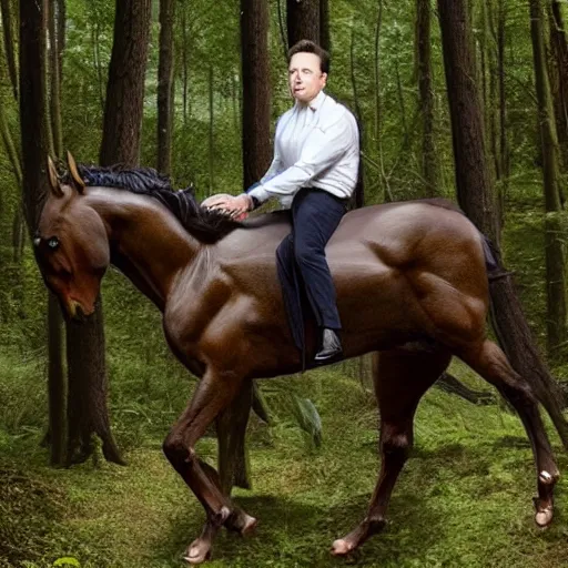 Prompt: elon musk as a centaur in the middle of the forest, majestic looking